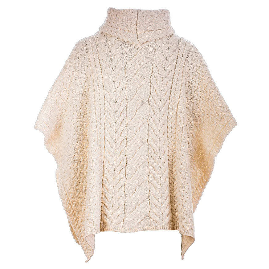 Cowl Neck Aran Poncho - Natural