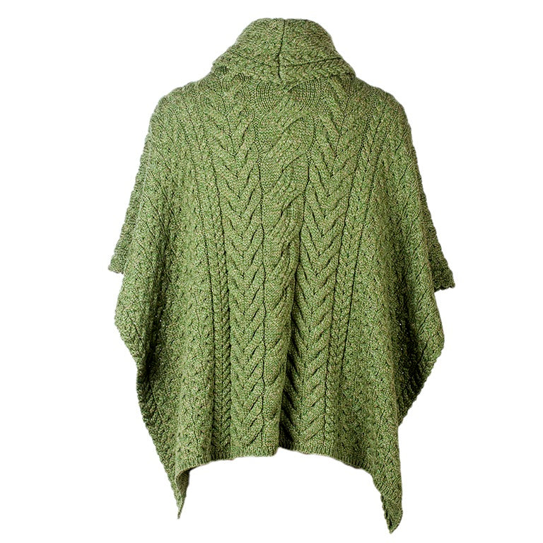 Cowl Neck Aran Poncho - Moss Green