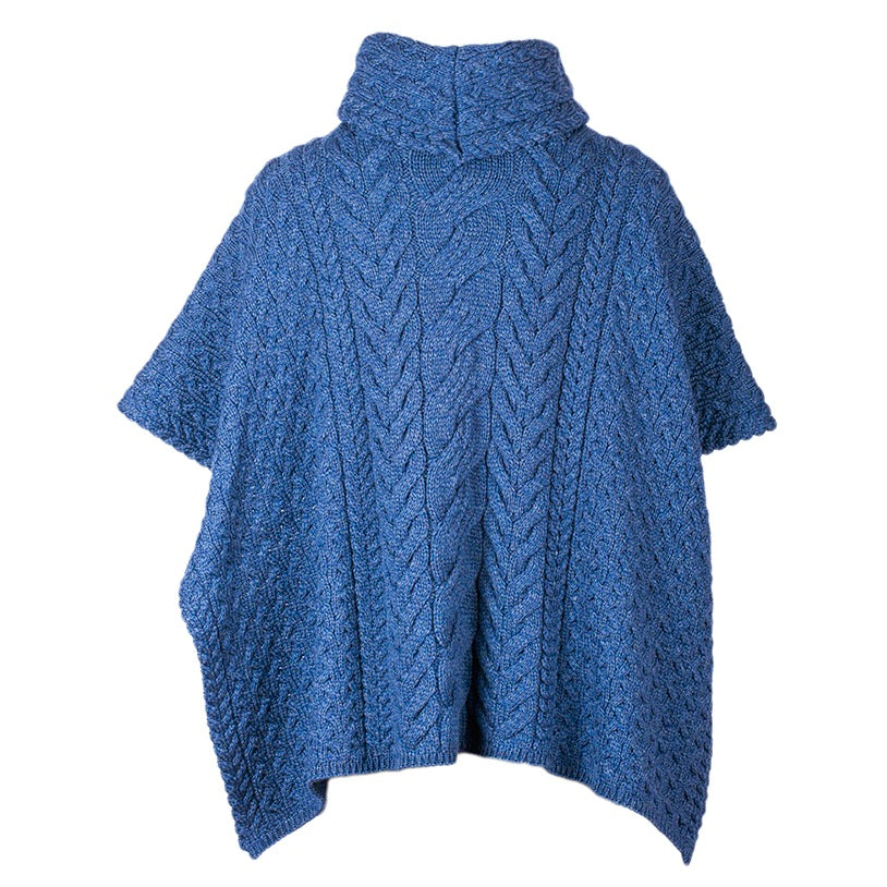Cowl Neck Aran Poncho - Ink Blue