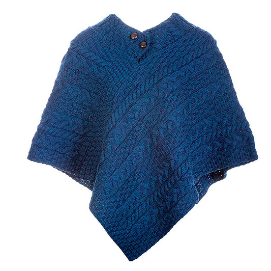 Aran Button Poncho - Atlantic Blue