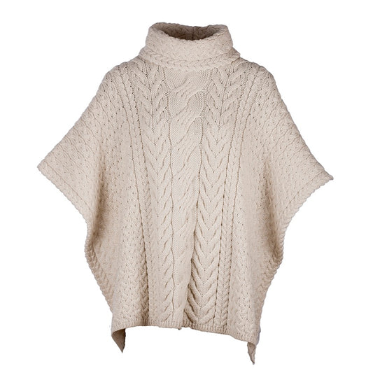 Cowl Neck Aran Poncho - Natural