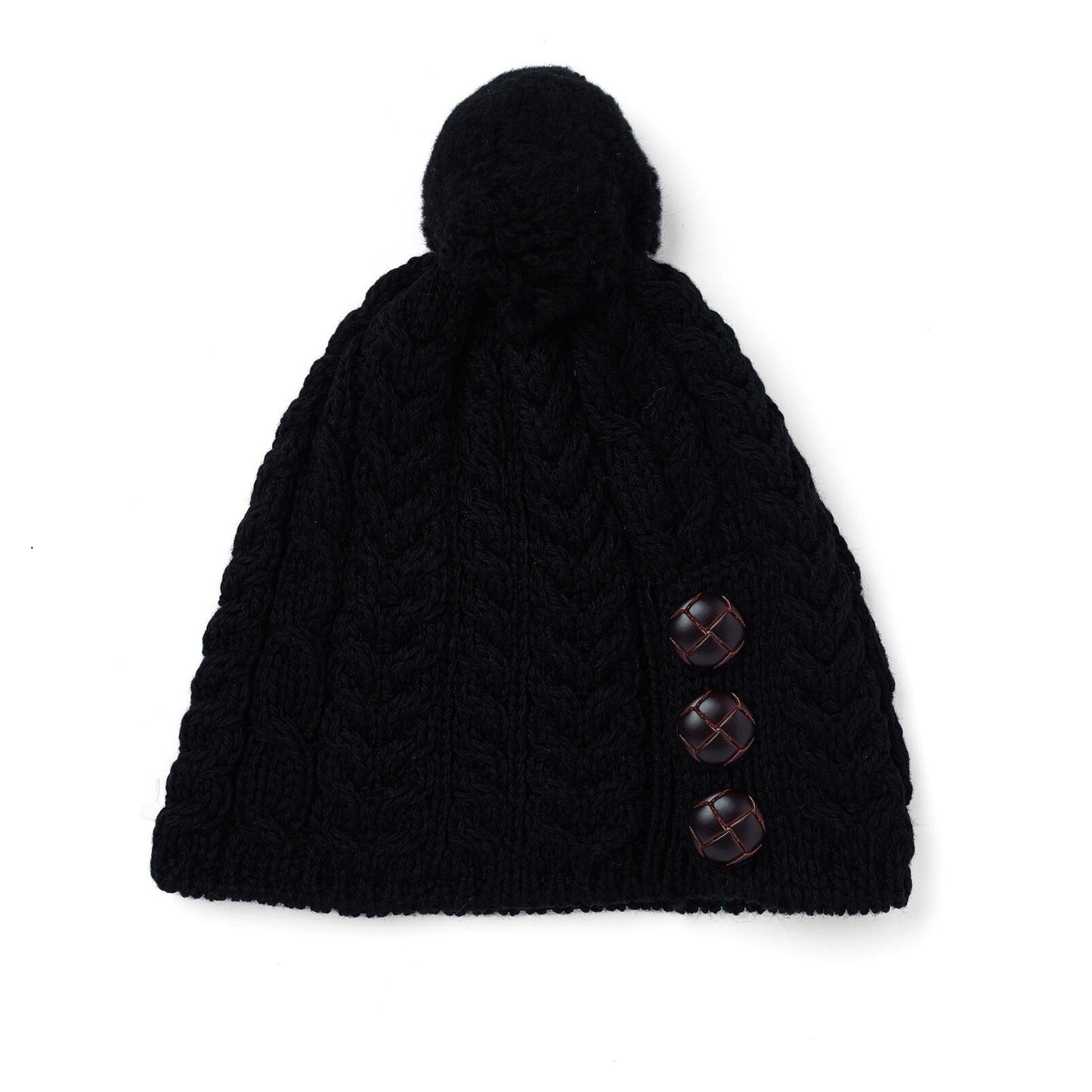 Buttoned Aran Hat with Pom Pom - Dubh Black