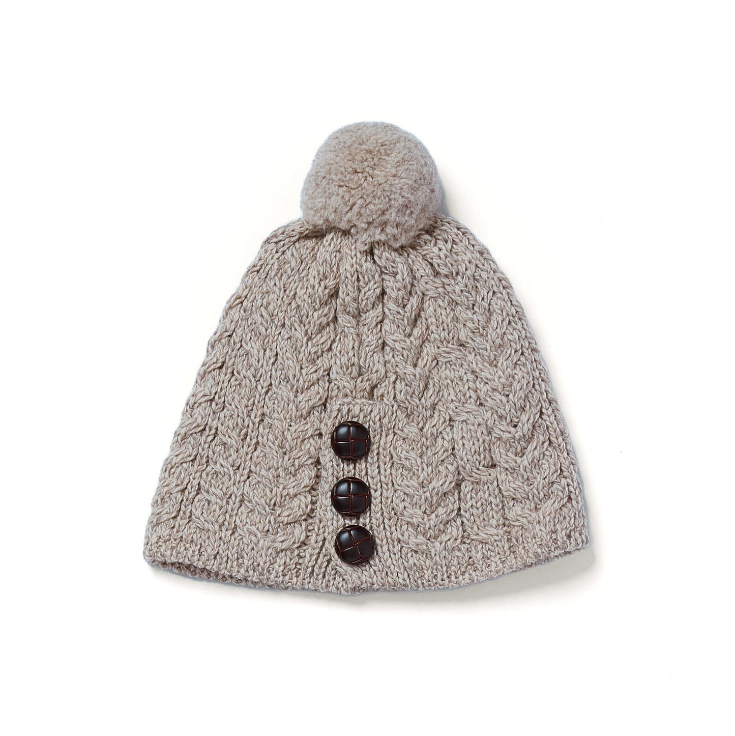 Buttoned Aran Hat with Pom Pom - Oatmeal