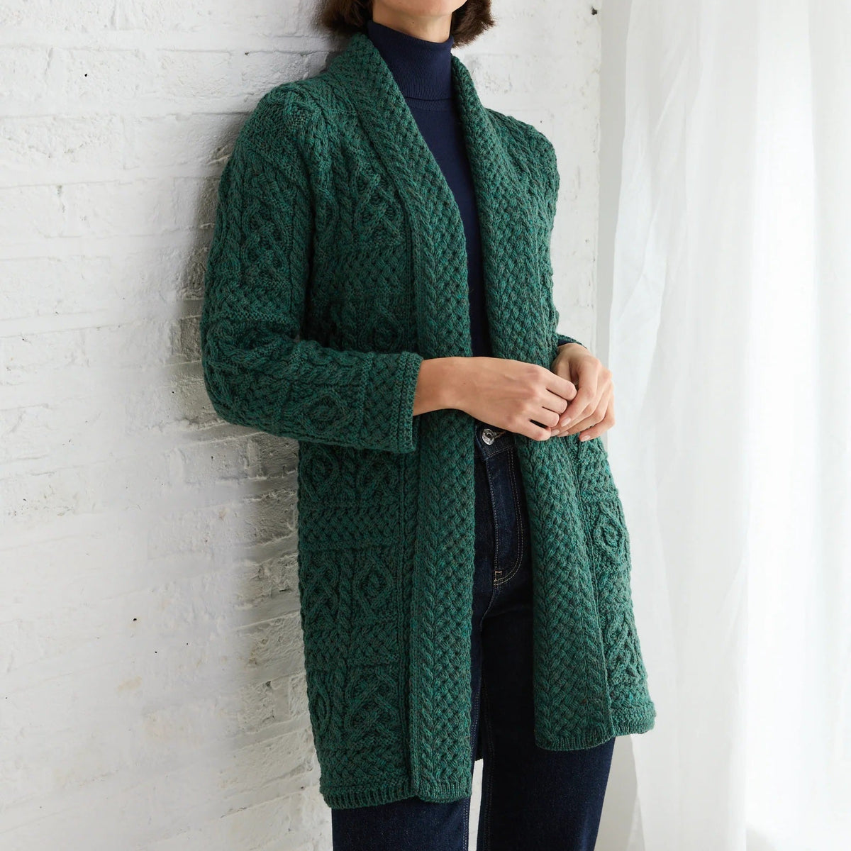 Tara Merino Aran Long Shawl Cardigan - Connemara Green