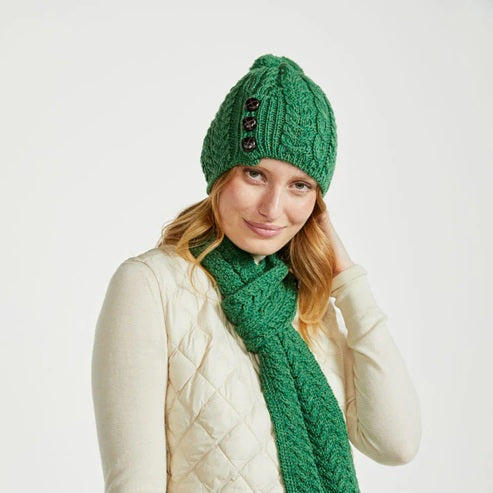Buttoned Aran Hat with Pom Pom - Kiwi Green