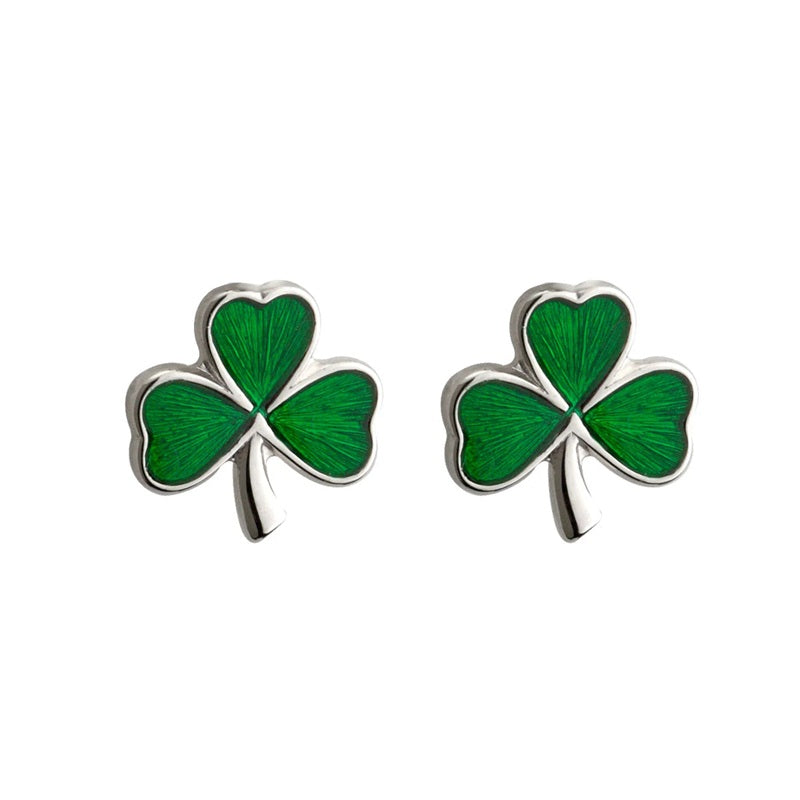 Petite Sterling Silver Green Enamel Shamrock Stud Earrings