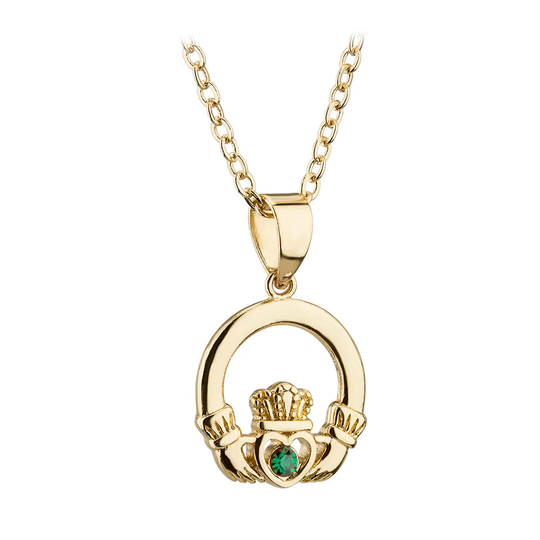 Gold Plated Green Crystal Claddagh Necklace