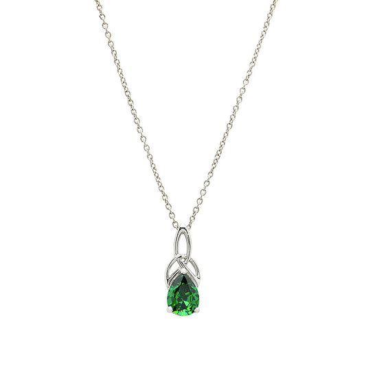 Sterling Silver & Pear Cut Emerald Green CZ Trinity Knot Drop Necklace