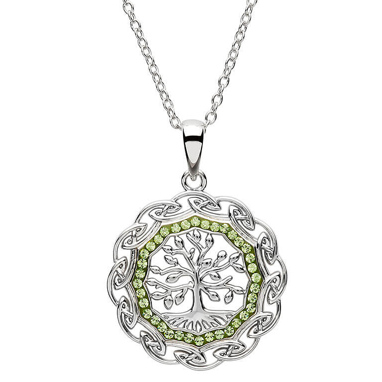 Celtic Silver Tree Of Life Pendant Embellished With Peridot Crystals