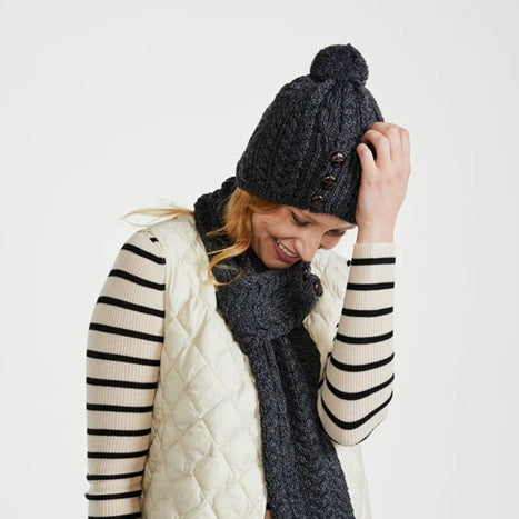 Buttoned Aran Hat with Pom Pom - Grey