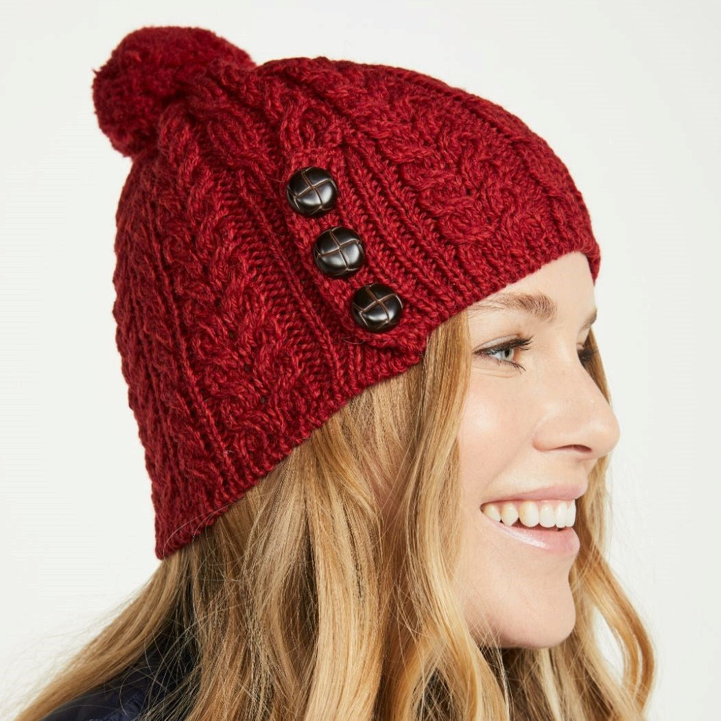 Buttoned Aran Hat with Pom Pom - Cranberry
