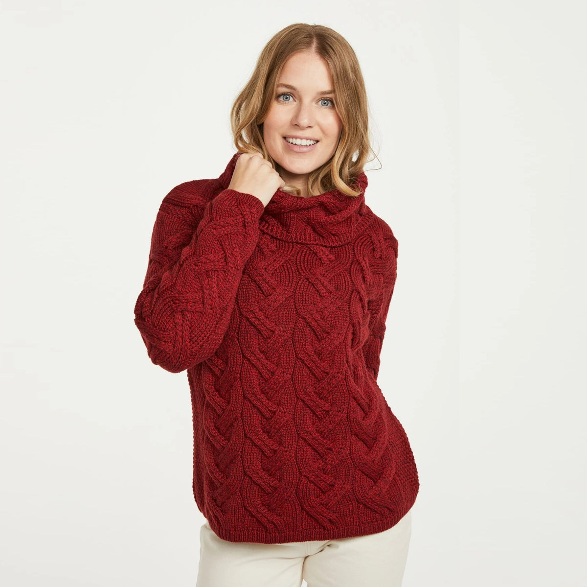 Cowl Neck Aran Sweater - Rua Red