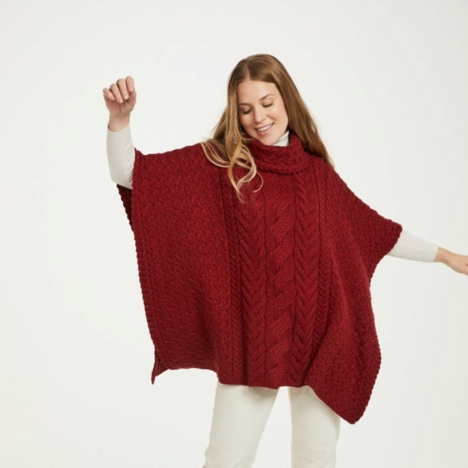 Cowl Neck Aran Poncho - Rua Red