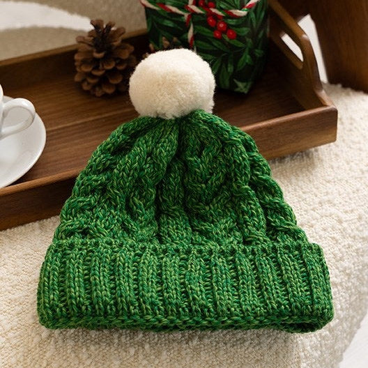 Solas Aran Cable Christmas Hat - Green with White Pom