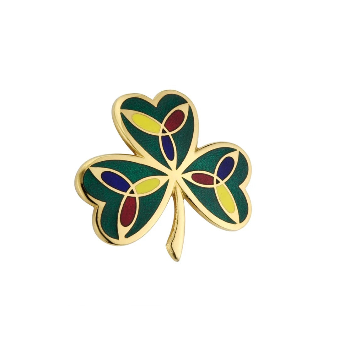 Gold Plated Shamrock Enamel Brooch