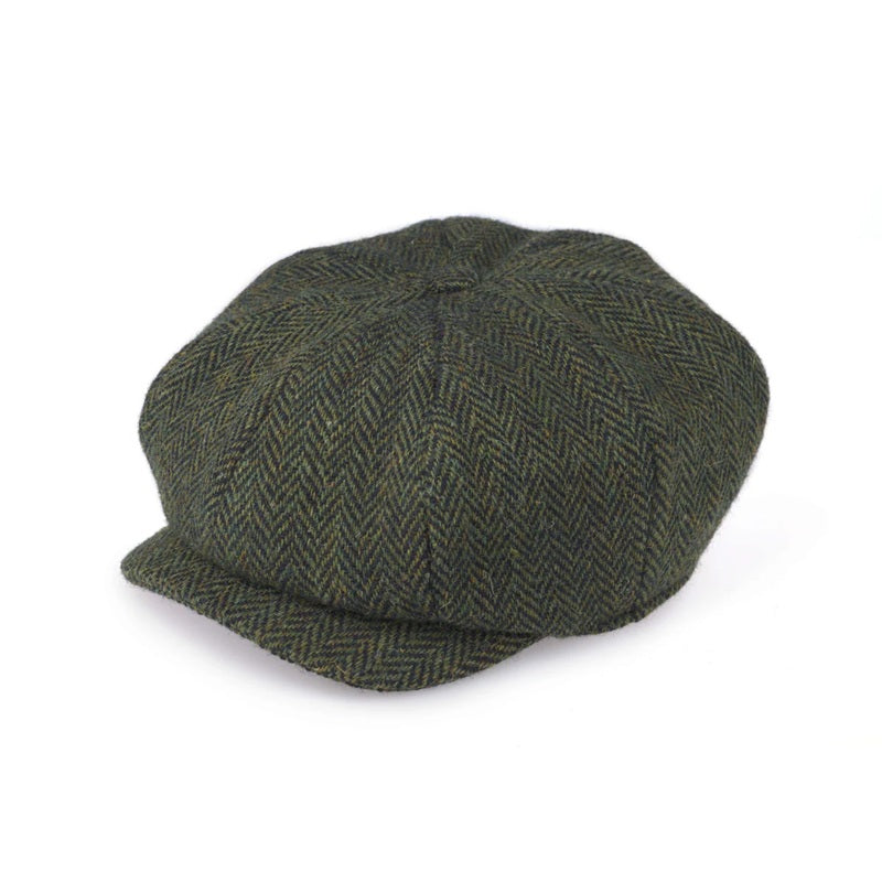 JP Eight Piece Cap - Green Black Herringbone Harris Tweed