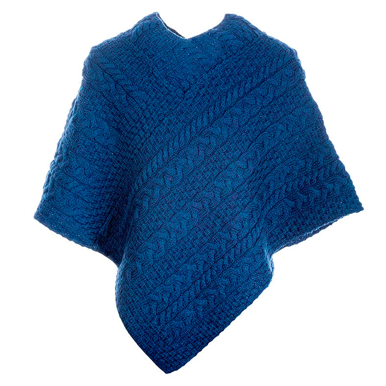 Aran Button Poncho - Atlantic Blue