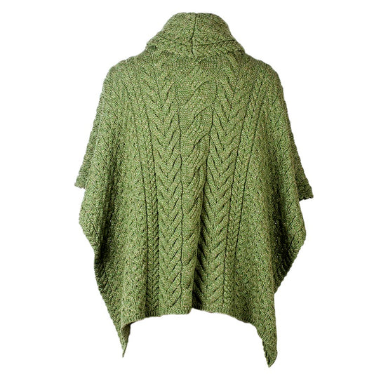 Cowl Neck Aran Poncho - Moss Green