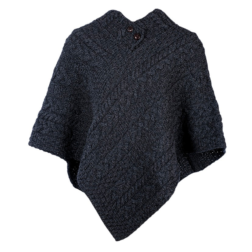 Aran Button Poncho - Grey