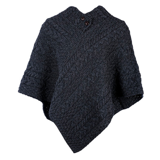 Aran Button Poncho - Grey