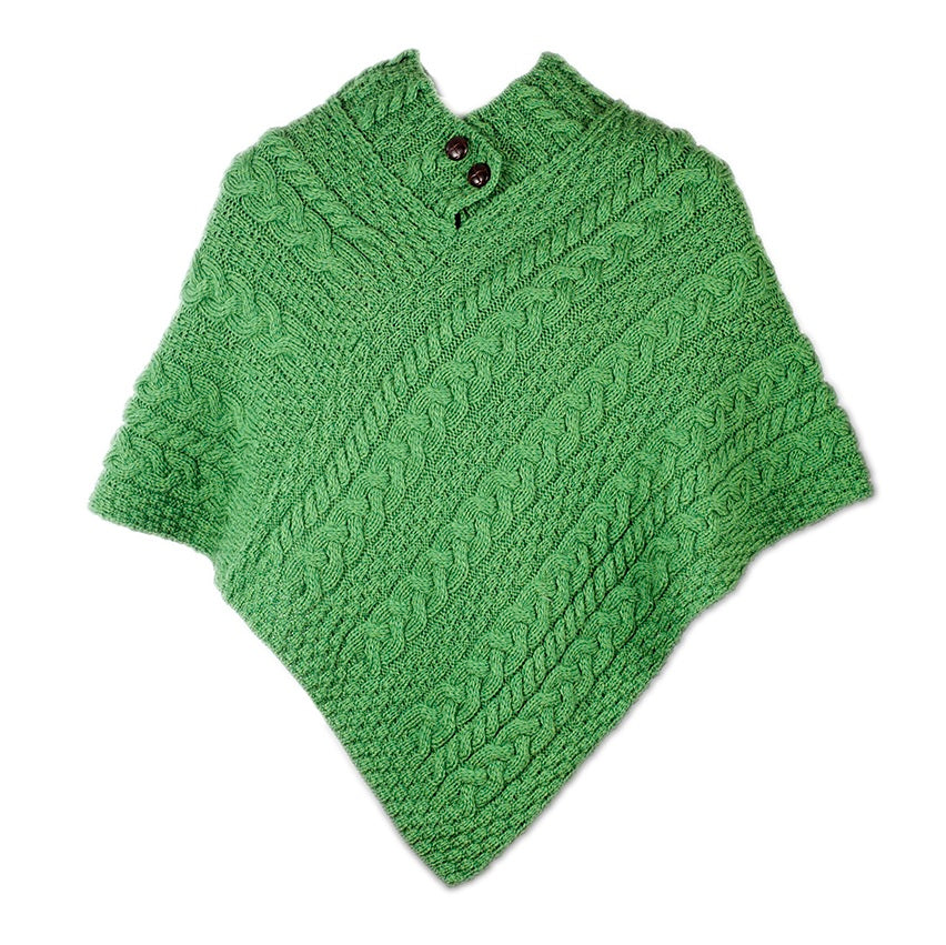 Aran Button Poncho - Kiwi Green