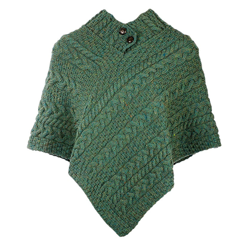 Aran Button Poncho - Connemara Green