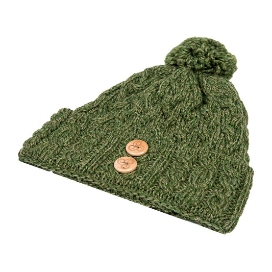Supersoft Aran Hat with Buttons - Moss Green
