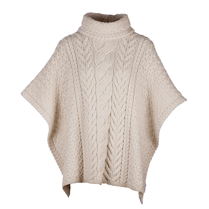 Cowl Neck Aran Poncho - Natural