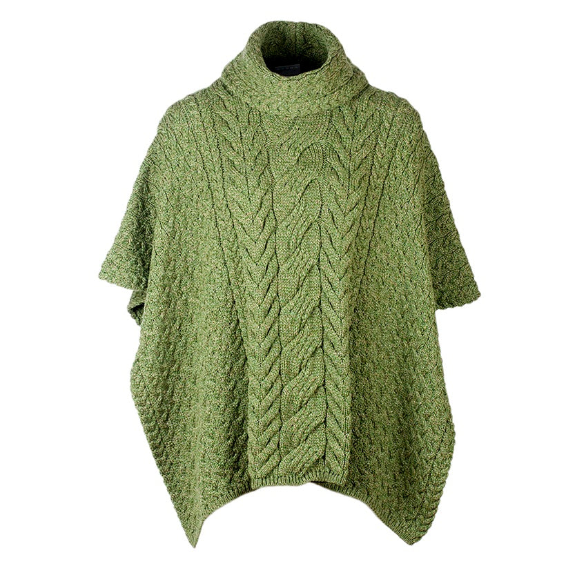 Cowl Neck Aran Poncho - Moss Green