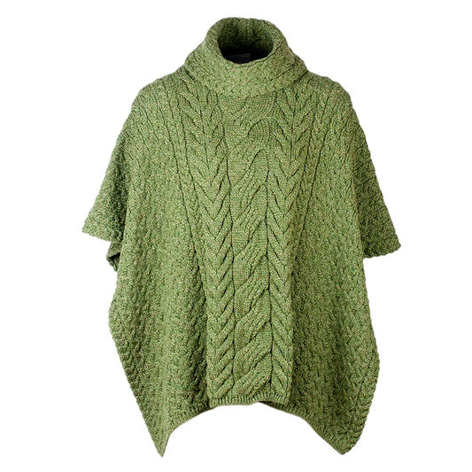 Cowl Neck Aran Poncho - Moss Green