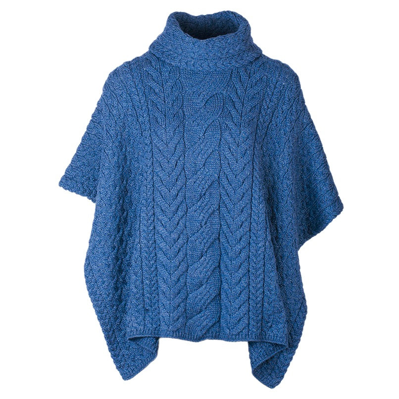 Cowl Neck Aran Poncho - Ink Blue