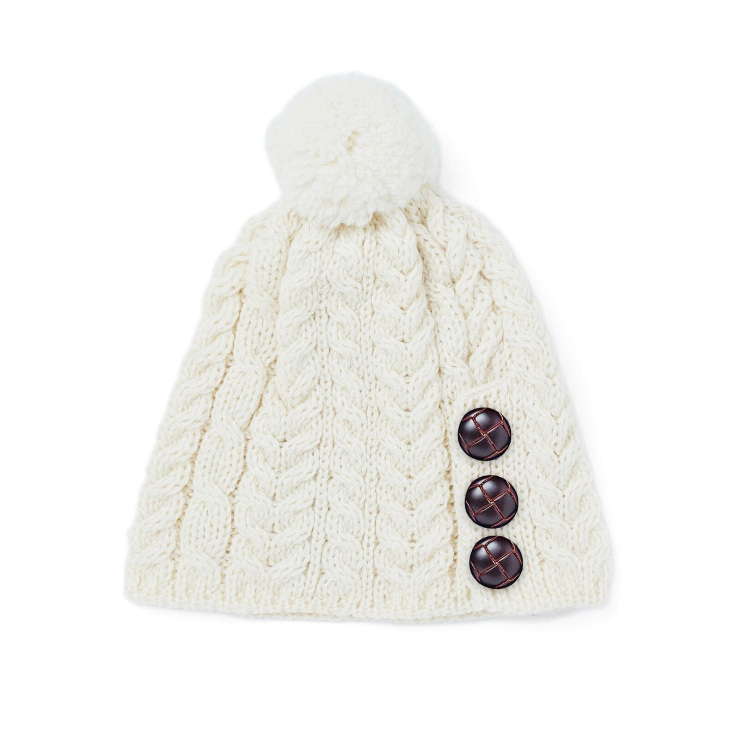 Buttoned Aran Hat with Pom Pom - Natural