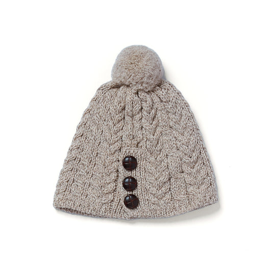 Buttoned Aran Hat with Pom Pom - Oatmeal