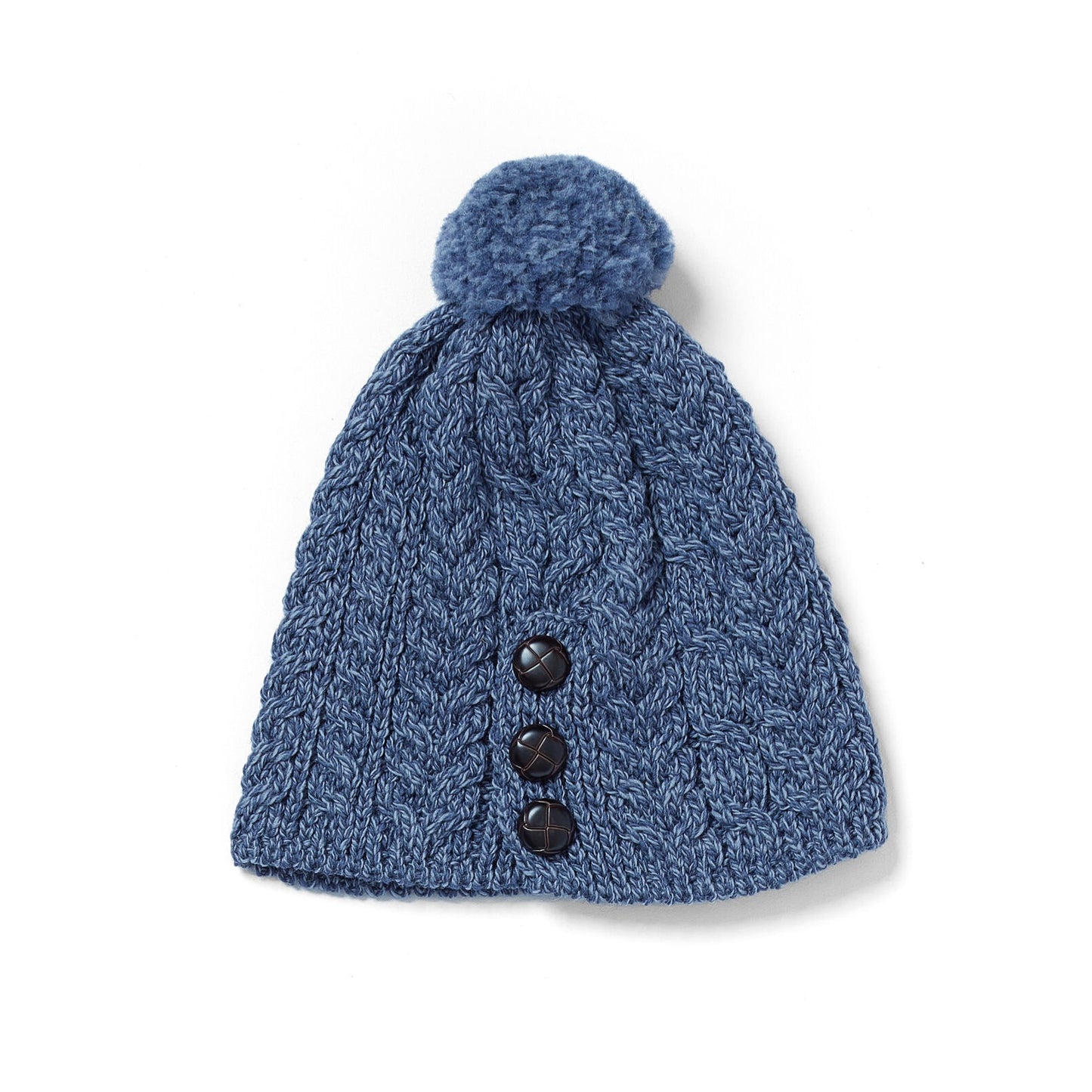Buttoned Aran Hat with Pom Pom - Denim