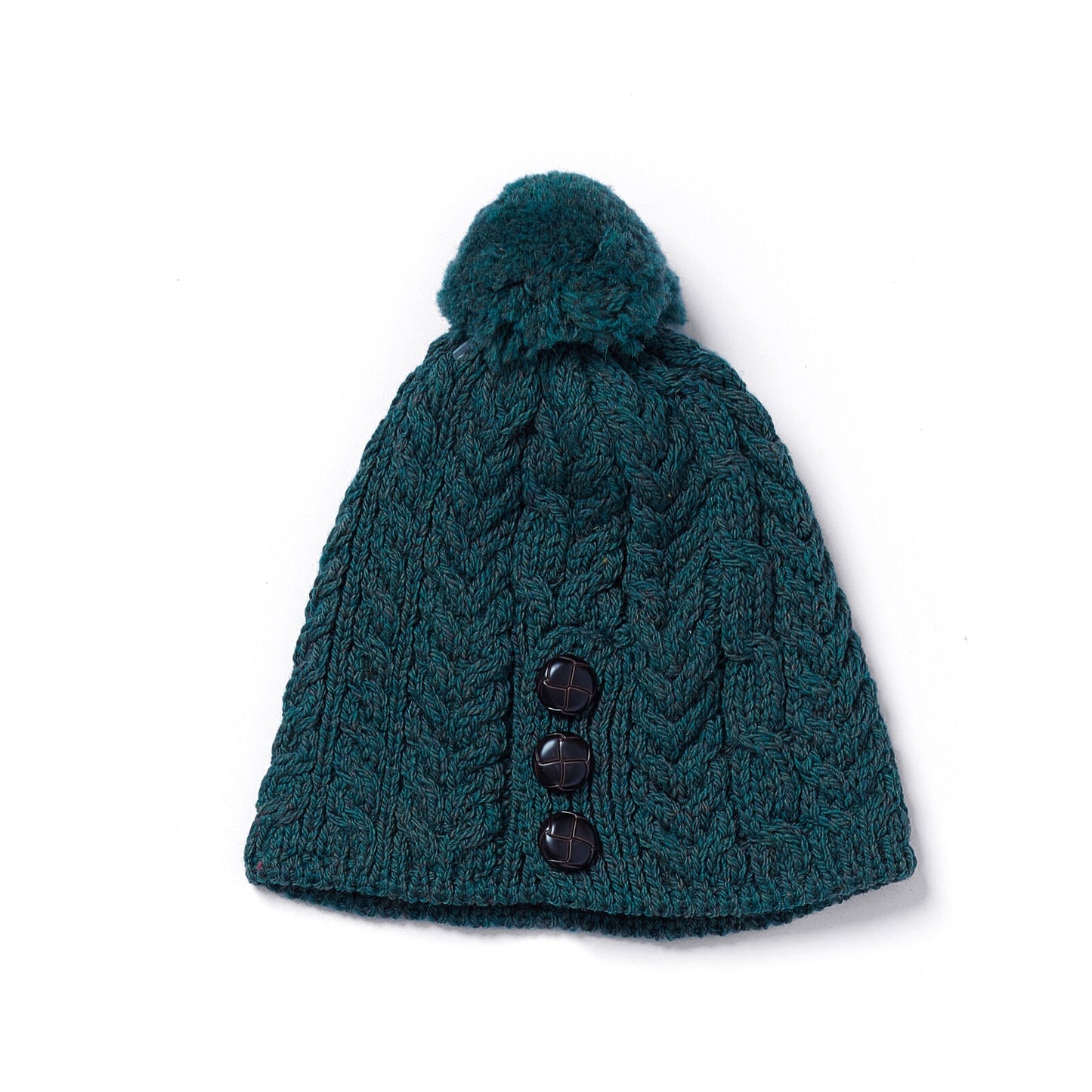 Buttoned Aran Hat with Pom Pom - Connemara Green