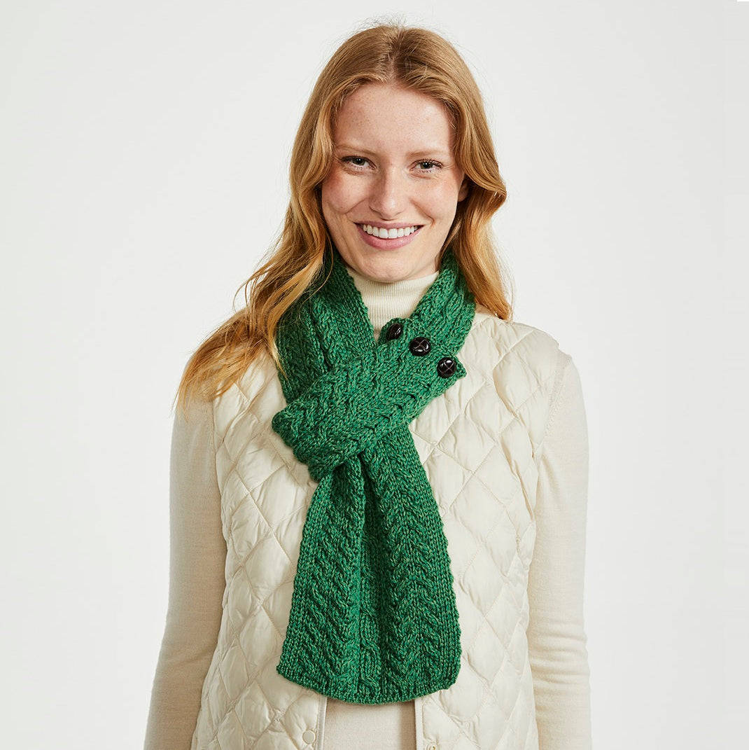 Aran Buttoned Loop Scarf - Kiwi Green