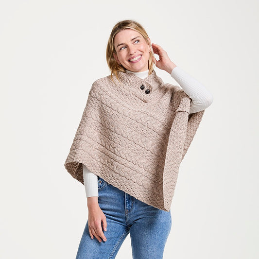 Aran Button Poncho - Oatmeal