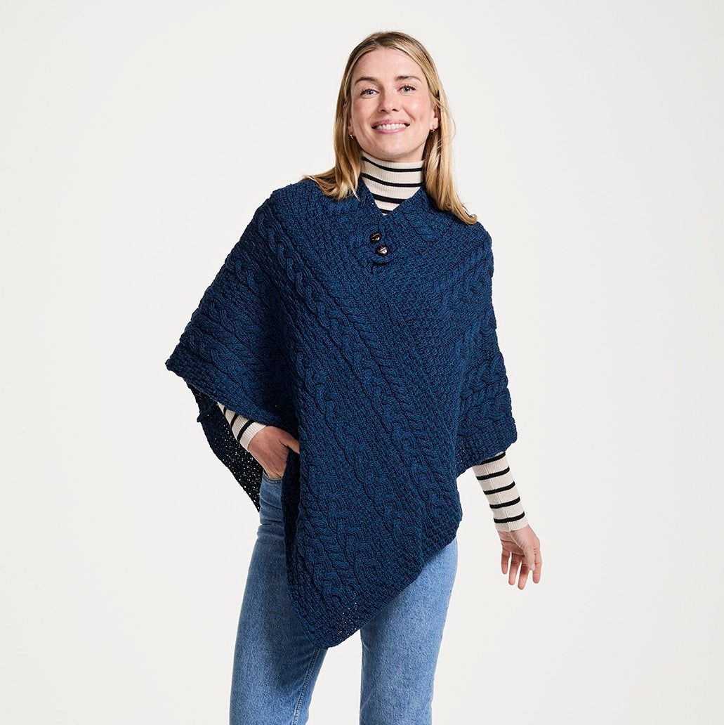 Aran Button Poncho - Atlantic Blue