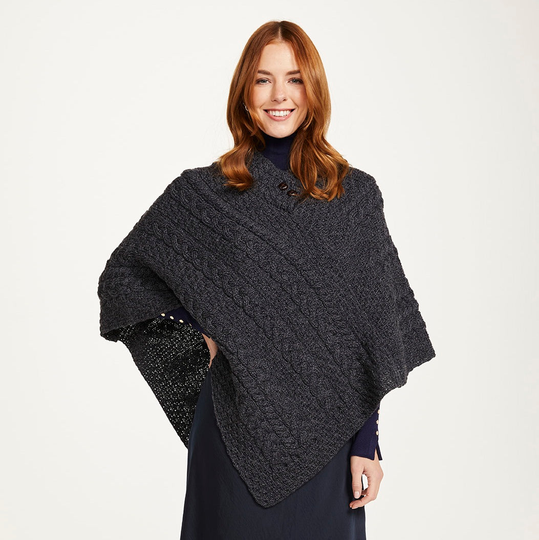 Aran Button Poncho - Grey