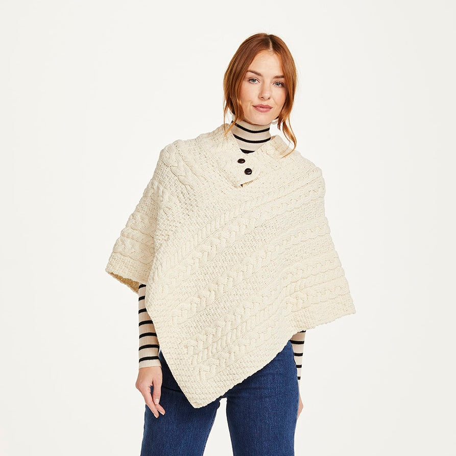 Aran Button Poncho - Natural