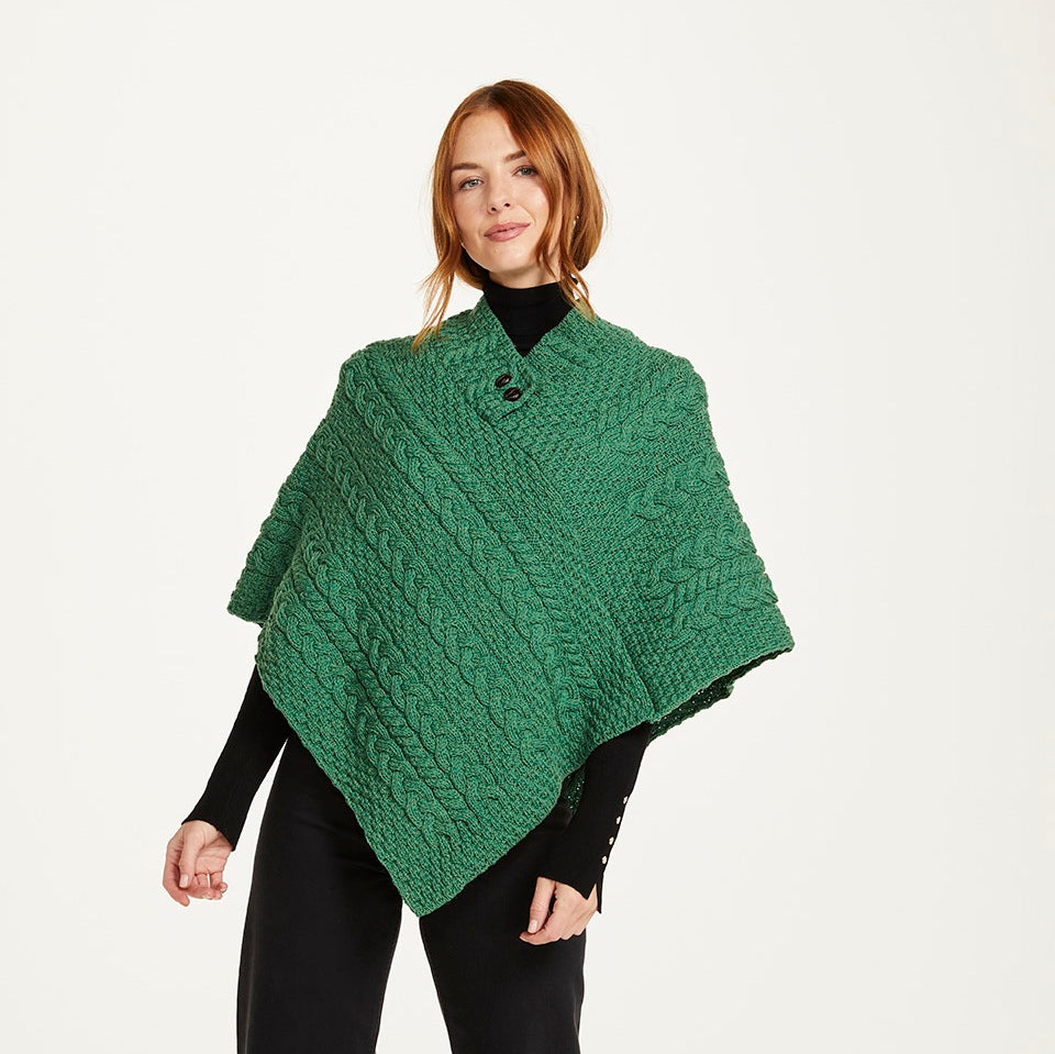 Aran Button Poncho - Kiwi Green