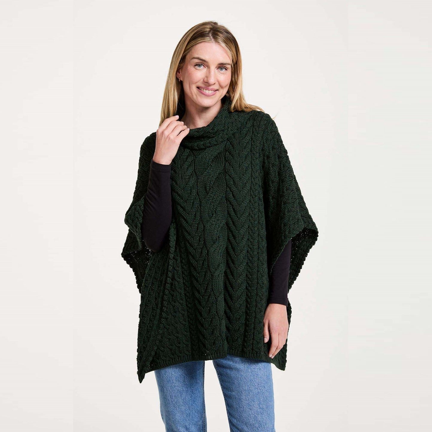 Cowl Neck Aran Poncho - Evergreen