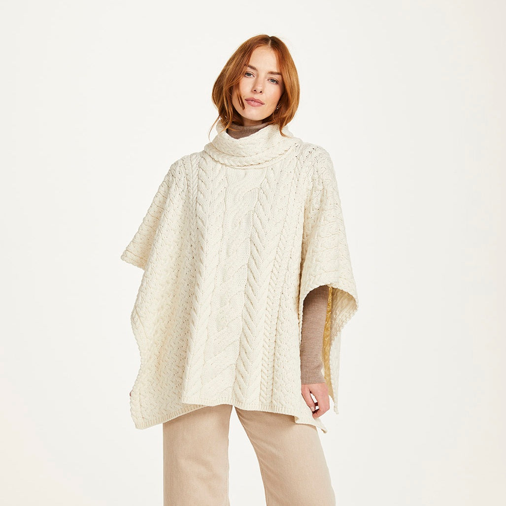 Cowl Neck Aran Poncho - Natural