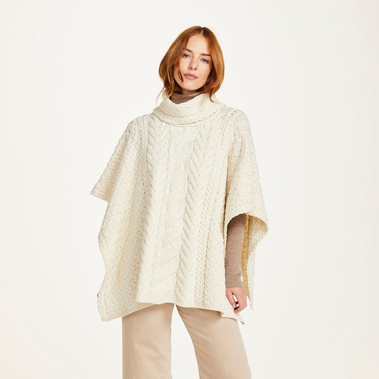 Cowl Neck Aran Poncho - Natural