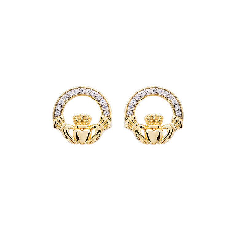 Claddagh Stud Earrings - Gold Vermeil & CZ