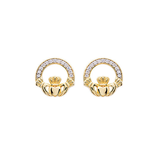 Claddagh Stud Earrings - Gold Vermeil & CZ