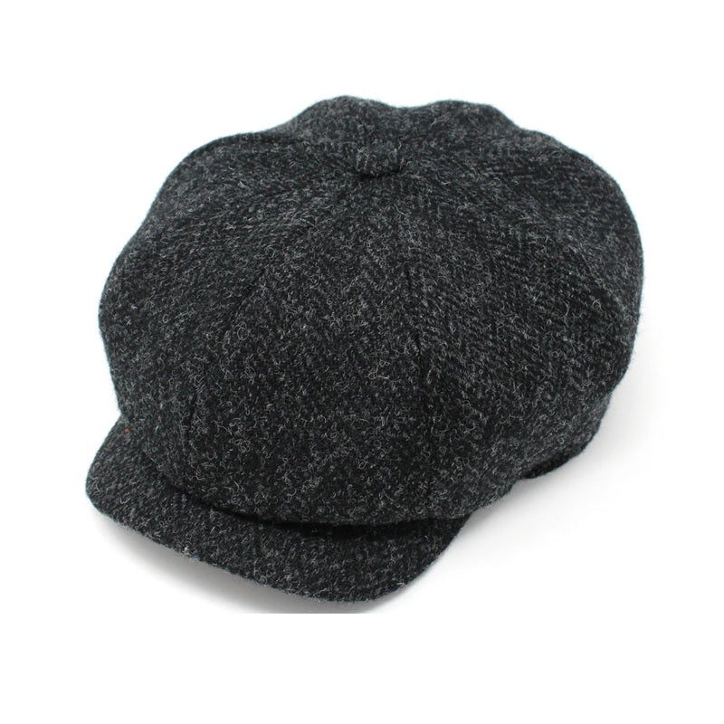 JP Eight Piece Cap - Black Grey Herringbone Harris Tweed