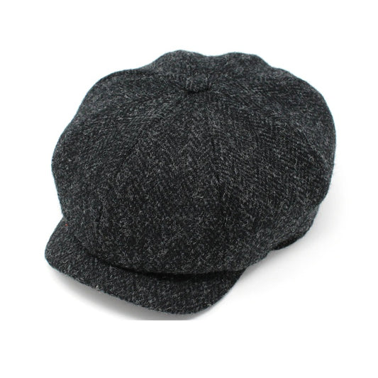JP Eight Piece Cap - Black Grey Herringbone Harris Tweed