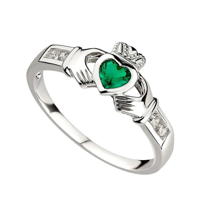 Sterling Silver Claddagh Ring with Green Heart