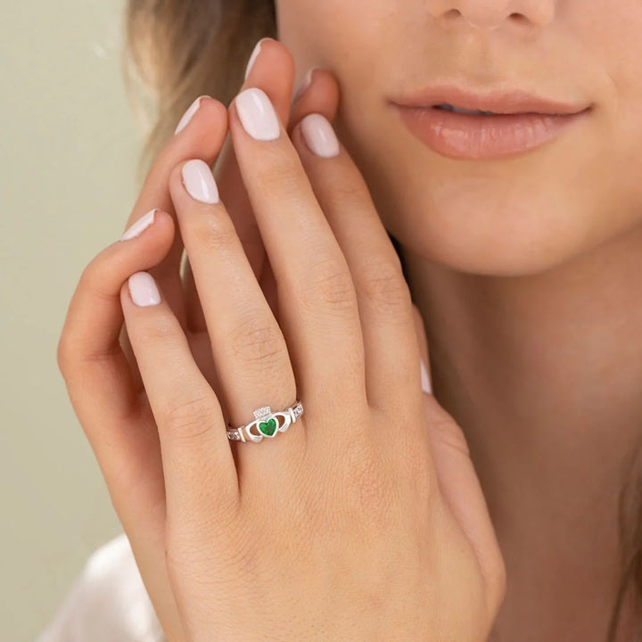 Sterling Silver Claddagh Ring with Green Heart